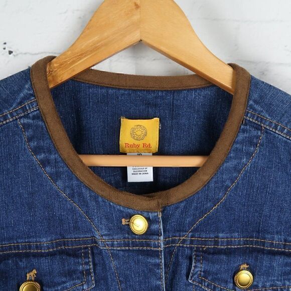 RUBY RD BLUE DENIM CROPPED JEAN JACKET WITH BROWN FAUX SUEDE DETAIL SIZE 10 - Picture 6 of 10